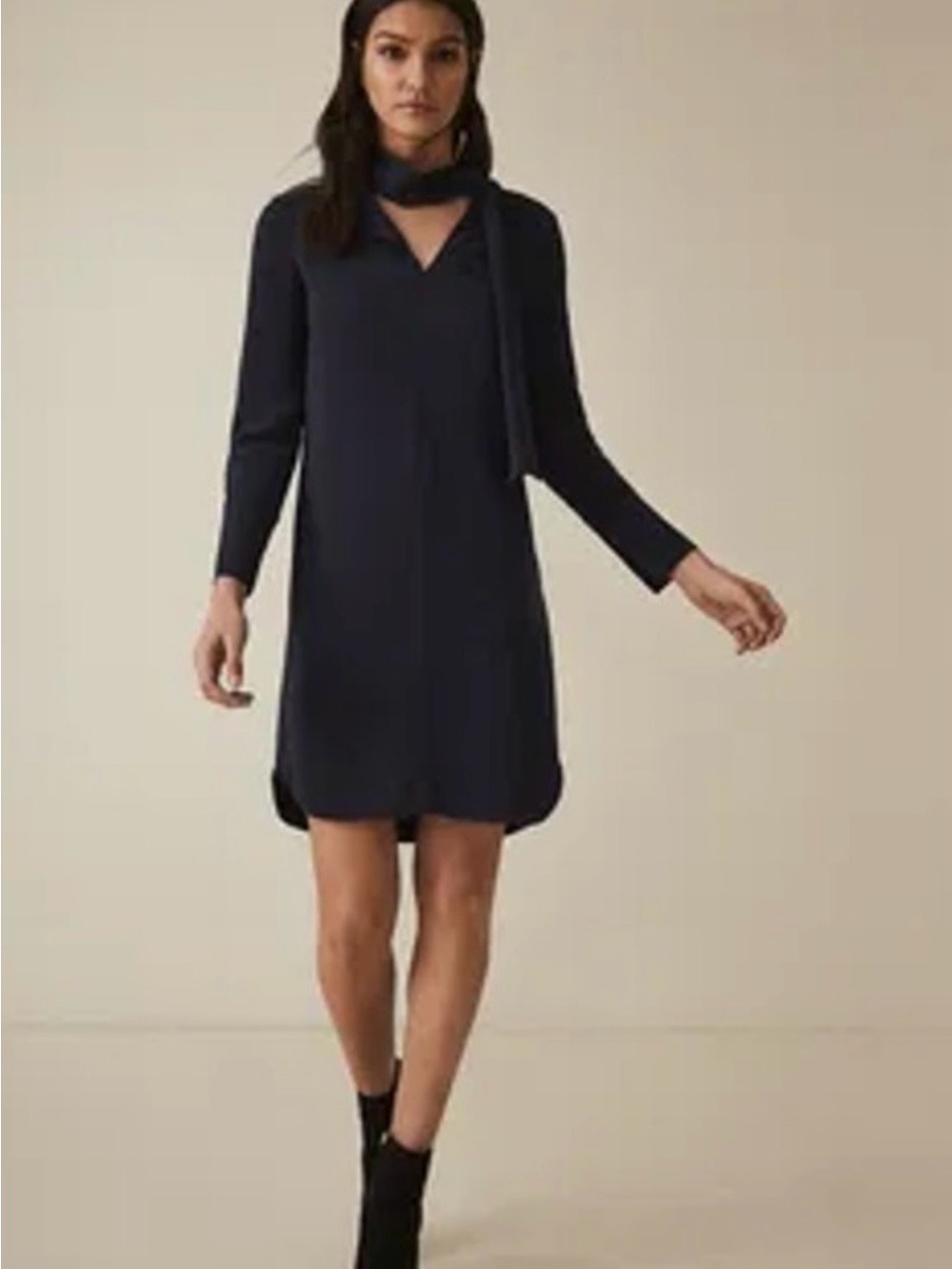 VENUS Navy Long-Sleeve V-Neck Shift Dress with Attached Scarf